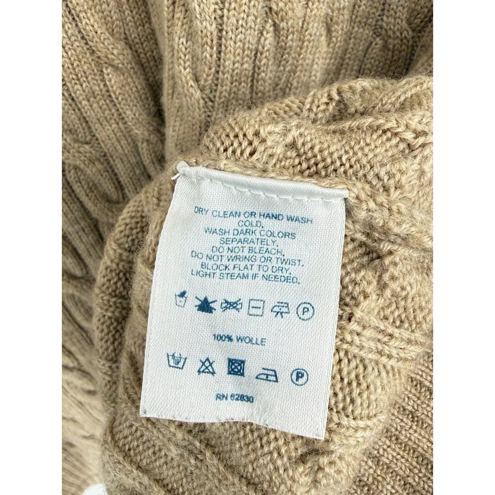 Lands End 100%‎ Wool Cable Knit Sweater Mens XXL Tan Preppy Fisherman 3/4 Zip